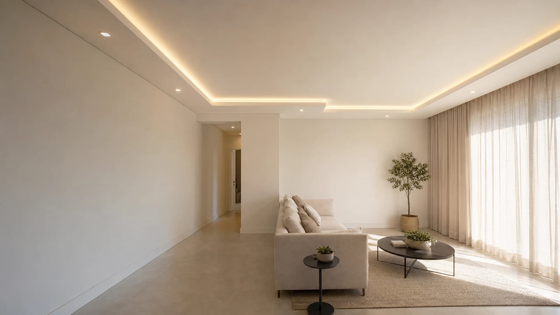 Sala contemporânea com sanca perimetral e iluminação indireta em drywall