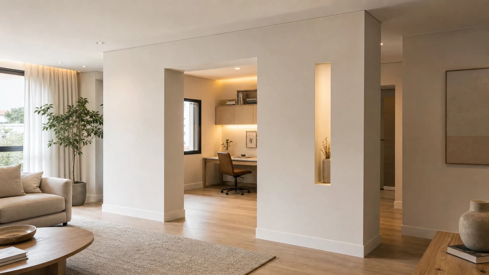 Divisória de drywall finalizada separando sala e escritório