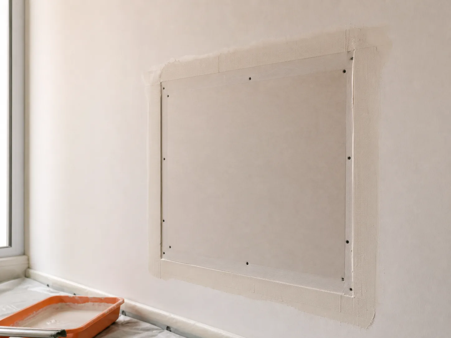 Reparo localizado em parede de drywall com placa nova, fixações e tratamento das bordas