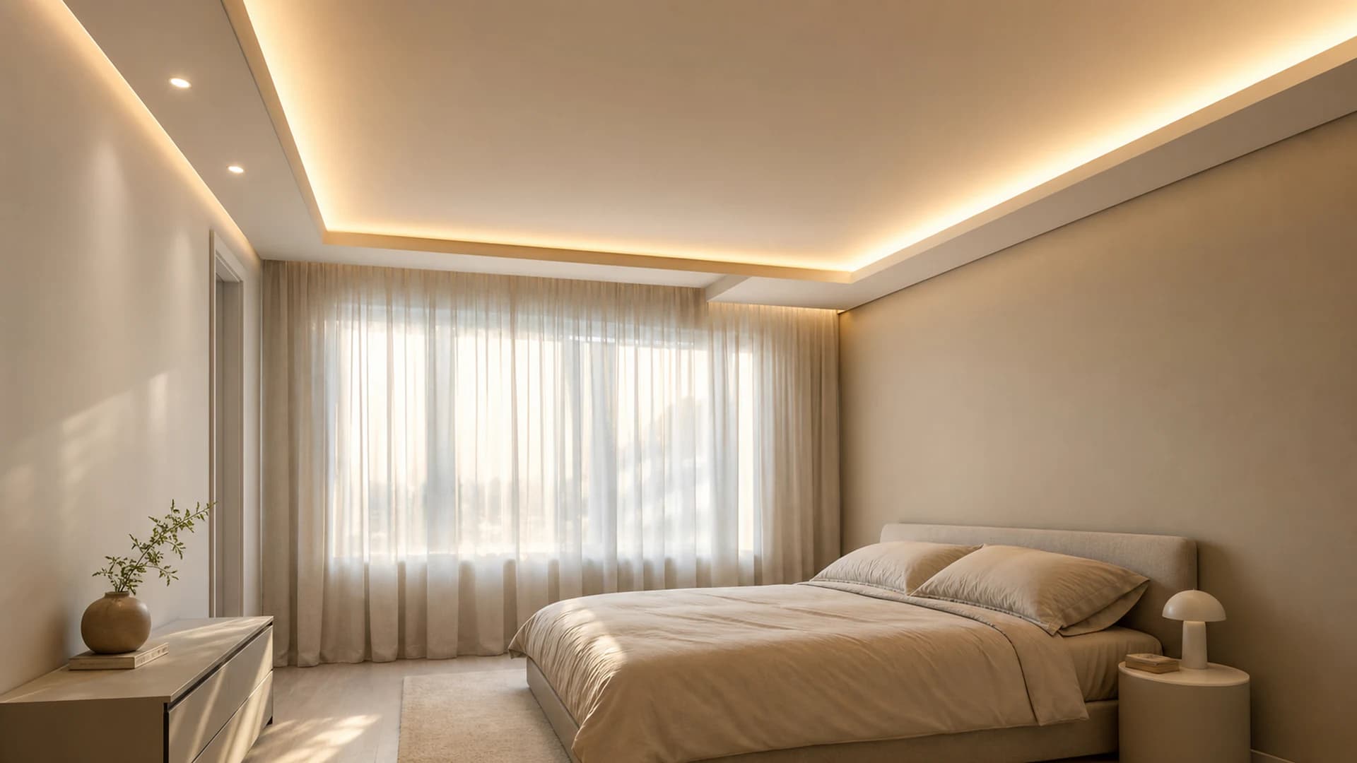 Quarto com sanca invertida, cortineiro e iluminação indireta